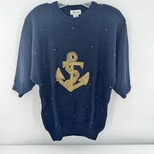 Marina Sweater Navy Blue Beaded Anchor Nautical Knit Pullover‎ Size M New